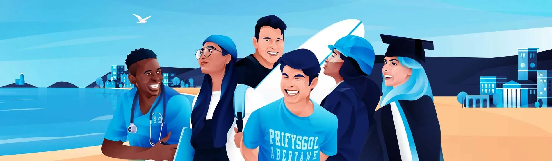 A colourful graphic of students outside the university and Mumbles head
